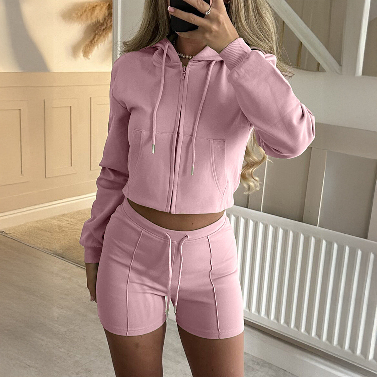 Sports Long Sleeve Fleece Shorts Two Piece Pants Women Clothing Autumn Winter