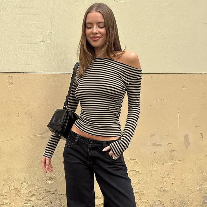 Contrast Color Striped Diagonal Collar Long Sleeved T shirt Women Autumn Inner Wear Bottoming Shirt Top