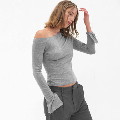 Women Clothing Autumn Winter Shoulder Slit Long-Sleeve T shirt