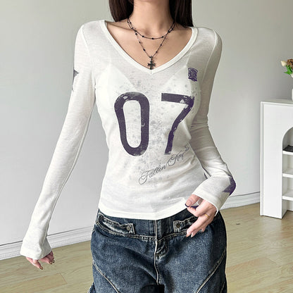Autumn Sexy See through Slim Fit V neck Printed Long Sleeved T shirt Top Women Clothing