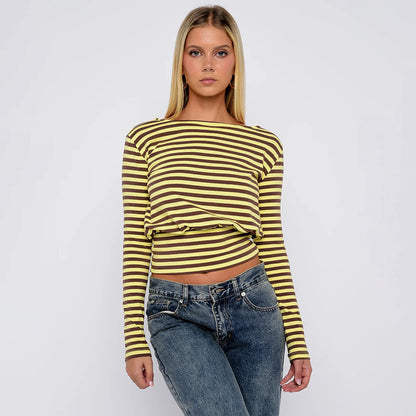 Women Clothing Autumn Winter Casual Striped Personality Minimalist Long Sleeve Waist Controlled Top