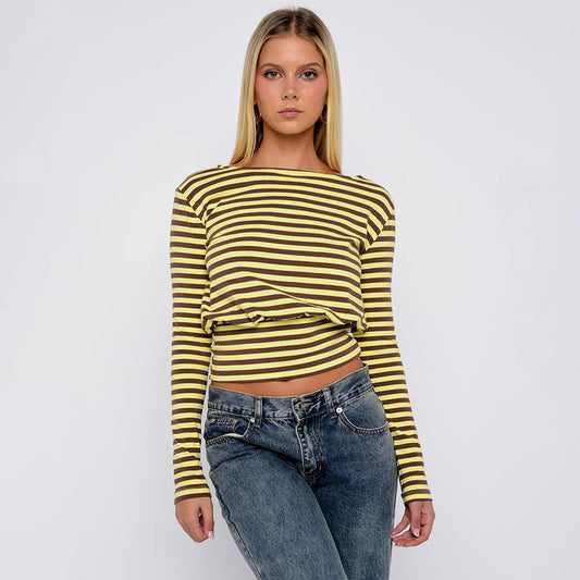 Women Clothing Autumn Winter Casual Striped Personality Minimalist Long Sleeve Waist Controlled Top