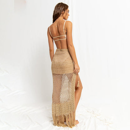 Summer Beach Skirt Women Solid Color Sexy Knitted Hollow Out Cutout Beach Bikini Outer Tassel Skirt Crochet hook