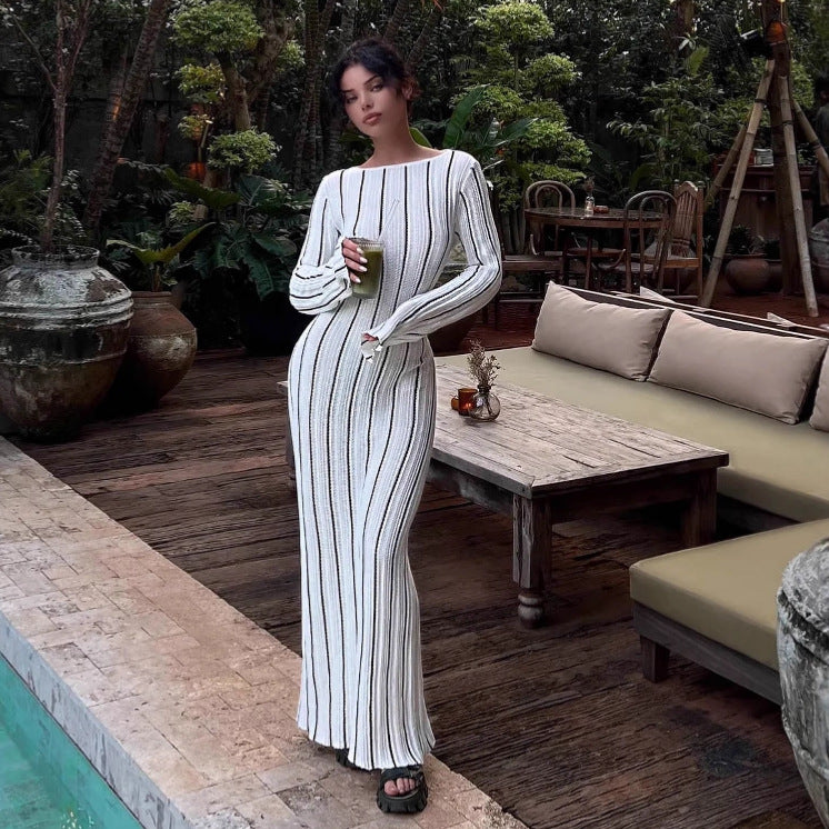 Striped Beach Vacation Sexy Dress Knitted Hollow Out Cutout out Maxi Dress Blouse Summer Women