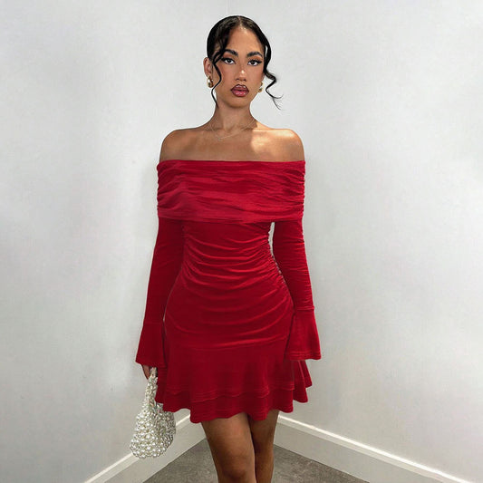 Autumn Winter Velvet Sexy off Neck Tube Top Ruffles Long Sleeve Narrow Dress Women