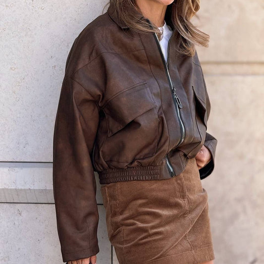 Women Clothing Autumn Winter Coat Bomber Jacket Retro Old Money Leather Motorcycle