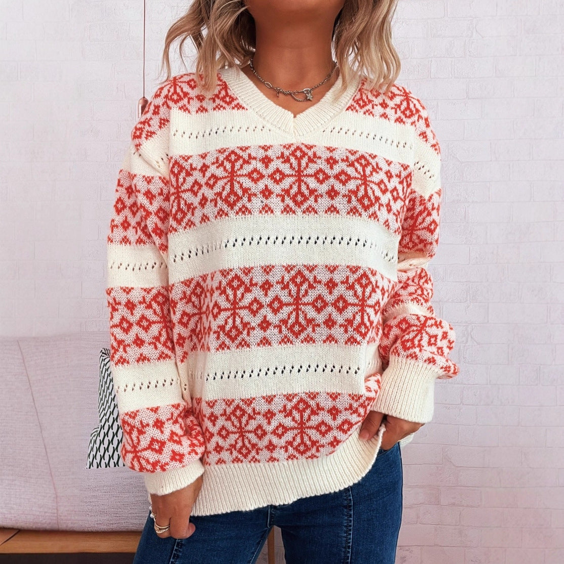 Autumn Winter Christmas Snowflake Contrast Color Striped Retro Casual V neck Knitwear Sweater Pullover