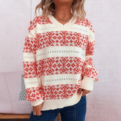 Autumn Winter Christmas Snowflake Contrast Color Striped Retro Casual V neck Knitwear Sweater Pullover