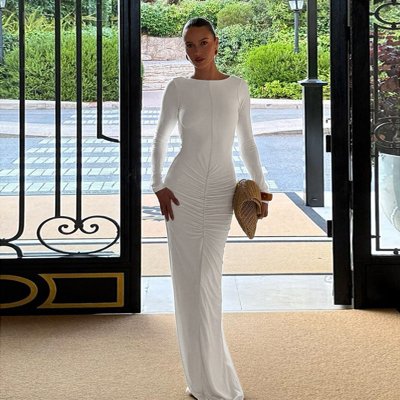 Autumn Socialite Elegant Slim Print Bell Sleeve Backless Lace up Dress for Women