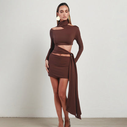 Women Clothing Autumn Strap off the Shoulder Hollow Out Cutout Irregular Asymmetric Dress