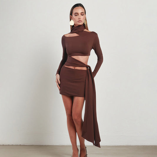 Women Clothing Autumn Strap off the Shoulder Hollow Out Cutout Irregular Asymmetric Dress