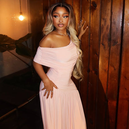 Women Clothing Special Split Casual Asymmetric One Shoulder Diagonal Collar Long Solid Color Dress