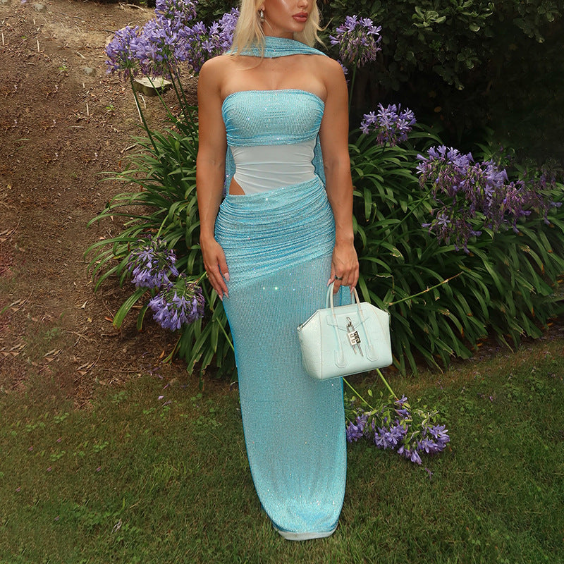 Autumn Retro Minority Shiny Tube Top Slimming Slim Fit Dress