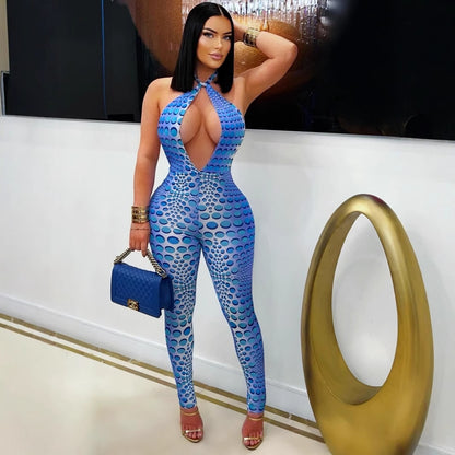 Women Clothing Summer Sexy Girls Skinny Print Halter Backless Yoga Jumpsuit