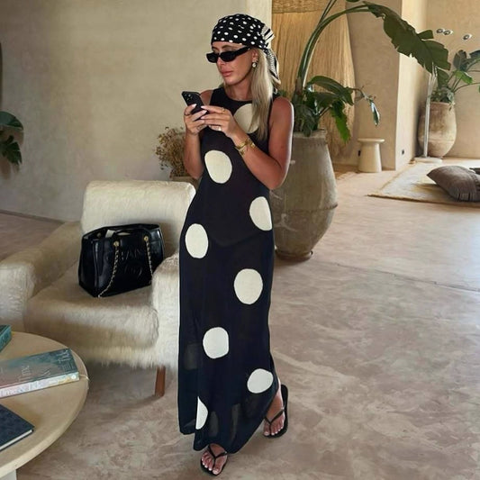Autumn Winter Polka Dot Casual Slimming Knitted Maxi Dress Bohemian Beach See through Dress Women