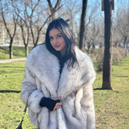 Large Collared Faux Fur Coat Women Elegant Fox Fur Jacket Autumn Winter Warm Environmental Protection Furry Coat