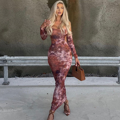 Autumn Sexy off Neck Tube Top Backless Print Slim Dress