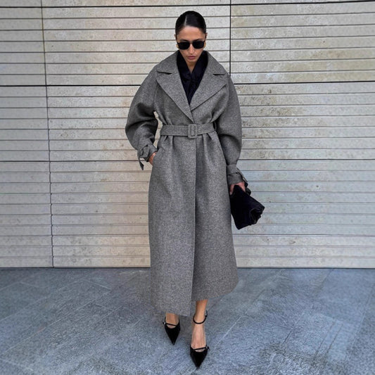 Extended Woolen Coat Women Autumn Winter Lace up Baggy Coat Woolen Coat Women