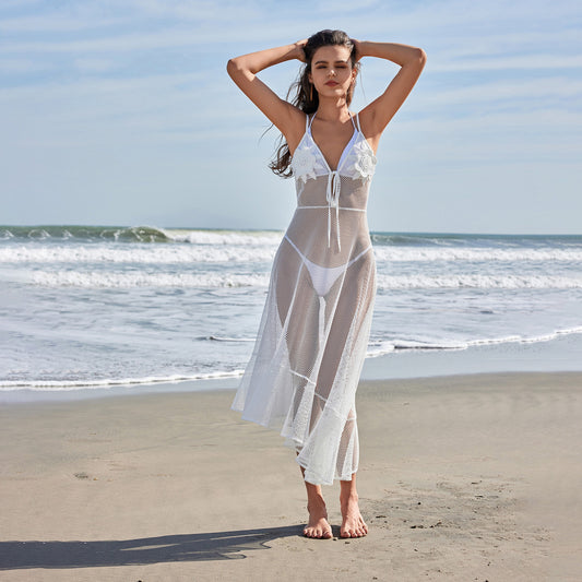 Beach Dress Women Solid Color Sexy Mesh Beach Bikini Swimsuit Blouse Sun Protective Clothing