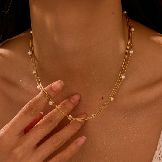 Pearl Multi Layer Twin Stainless Steel Necklace Simple All Matching Graceful High Sense Necklace