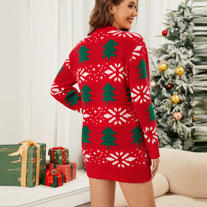 Christmas Pullover Christmas Tree Jacquard Long Red Knitted Sweater Dress