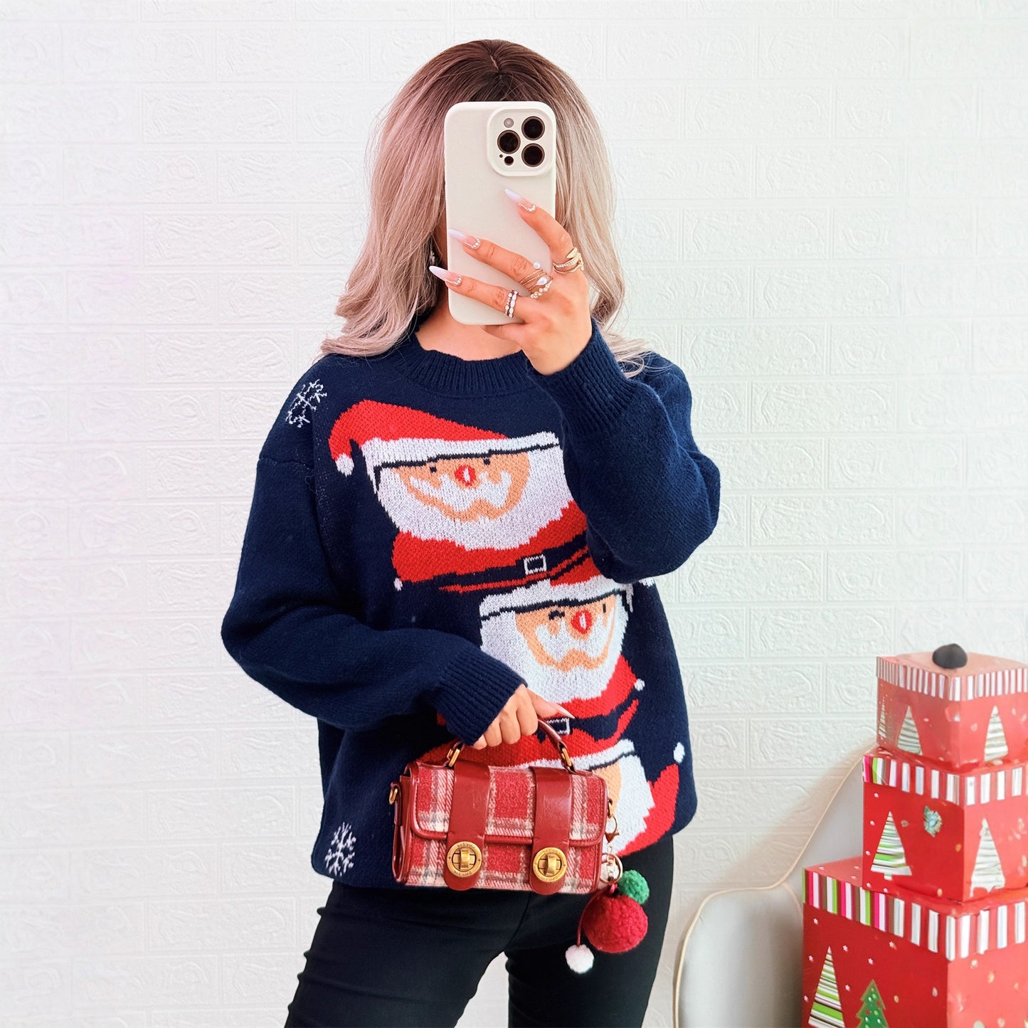 Autumn Winter Christmas Contrast Color Casual Knitted Pullover round Neck Santa Claus Sweater for Women