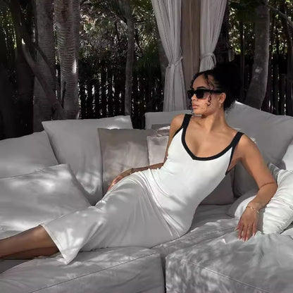 Vest Contrast Color Beach Vacation Sexy V Neck Maxi Dress Knitted Sleeveless Split Maxi Dress