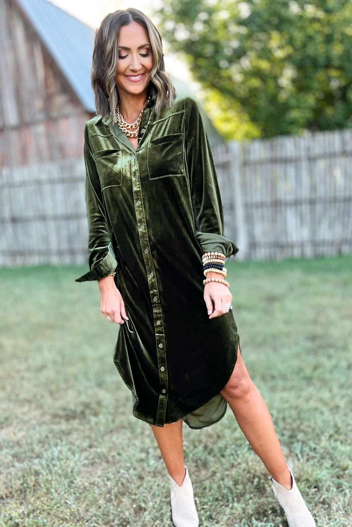 Casual Loose Shirt Velvet Pocket Stitching Irregular Christmas Long Sleeve Dress