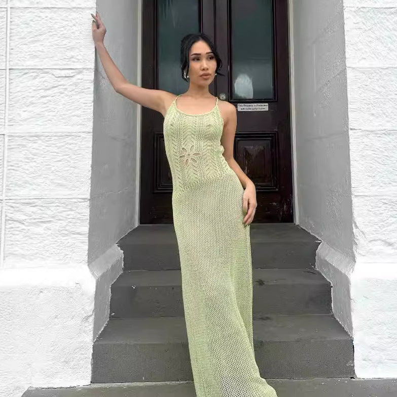 Floral Cutout Sexy Tight Beach Dress With Suspenders Backless Dress Spring Summer