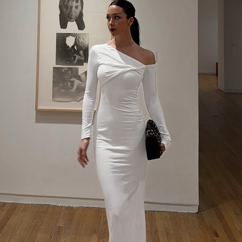 Women Wear Summer Slim Shoulder Twist Solid Color Dress