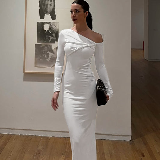 Women Wear Summer Slim Shoulder Twist Solid Color Dress