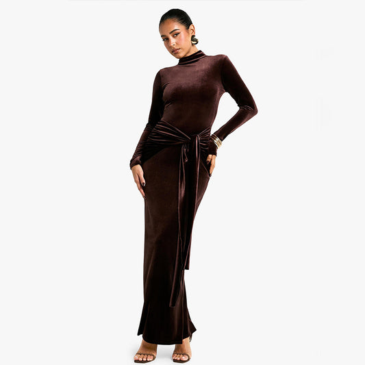 Autumn Winter Sexy Women Clothing Dress Half High Collar Long Sleeves Solid Color Maxi Dress Lace up Pleated Dress