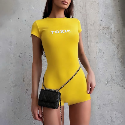 Fall Women Clothing Simple Letter Graphic Print Solid Color round Neck Tight Sports Romper