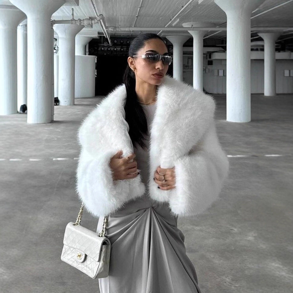 Elegant Collared Fur Coat Women Fluffy Soft White Fox Fur Top Plush Coat