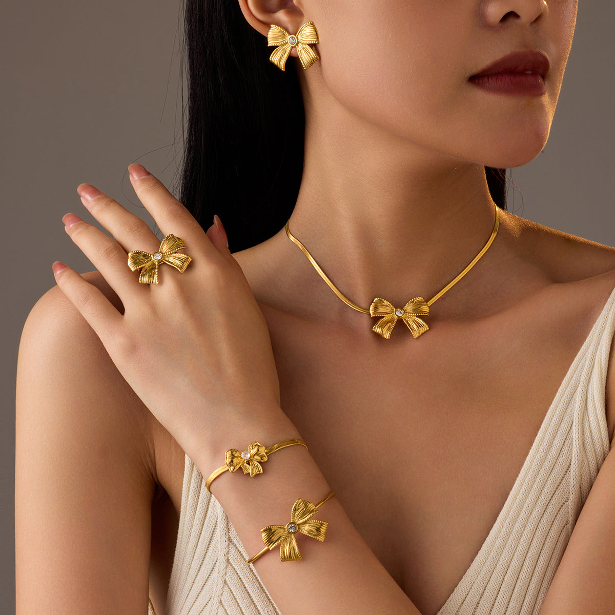 Diamond Bow Stainless Steel Necklace Women All Match High Sense Earring Ring Set Ornaments