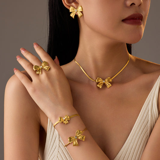 Diamond Bow Stainless Steel Necklace Women All Match High Sense Earring Ring Set Ornaments