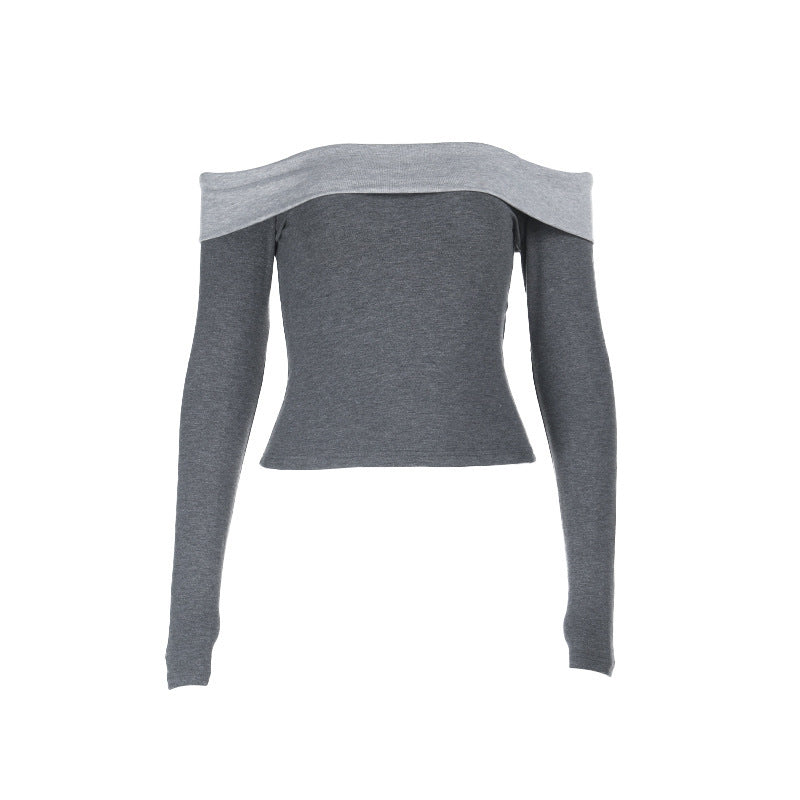 French Pure Sexy off Shoulder Inner Wear Women Spring Autumn Long Sleeve T shirt off Shoulder Bottoming Shirt Top