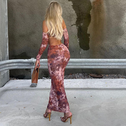 Autumn Sexy off Neck Tube Top Backless Print Slim Dress