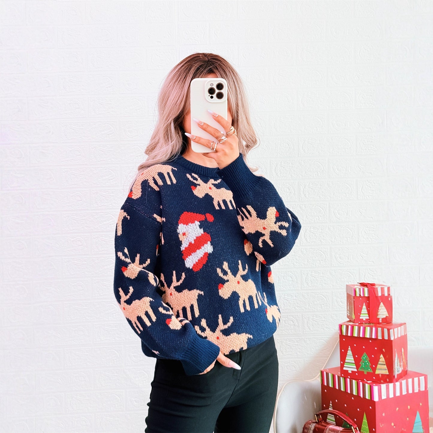 Christmas Contrast Color Deer Sweater Crew Neck Casual Loose Year Knitted Top