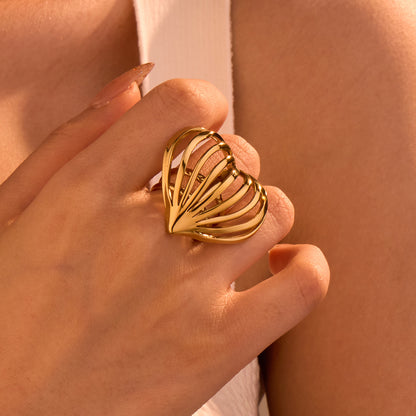 Simple Special Interest Design 18K Gold Stainless Steel Simple Love Shape Hollow Out Cutout Line Ring Retro