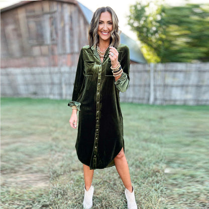 Casual Loose Shirt Velvet Pocket Stitching Irregular Christmas Long Sleeve Dress