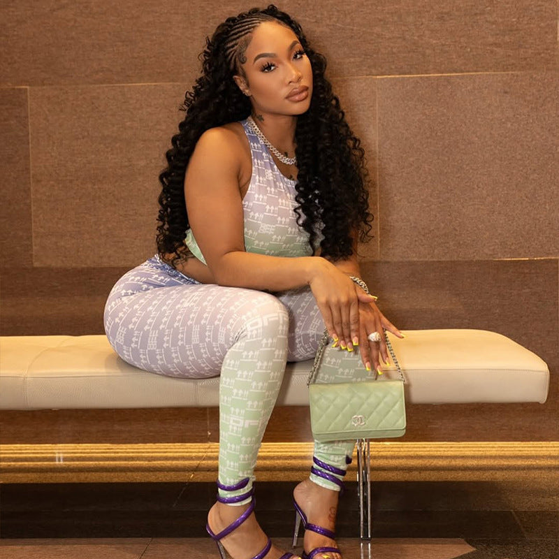 Sports Women Commuting Wear Hollow Out Cutout Slim Fit Printed Pants Set Vest Top Skinny Pants Two Piece Set