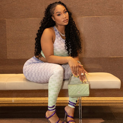 Sports Women Commuting Wear Hollow Out Cutout Slim Fit Printed Pants Set Vest Top Skinny Pants Two Piece Set