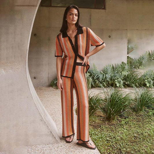 Casual Women Knitted Vintage Stripe Trousers Short Sleeve Beach Two Piece Sets