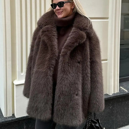 Fur Coat Women Autumn Winter Warm Collar Faux Fur Overcoat Mid-Length Fox Fur Jacket