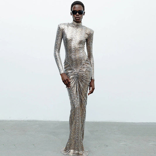 Autumn Slim round Neck Leopard Print Dress Long Sleeve Printed Dress Women Clothing