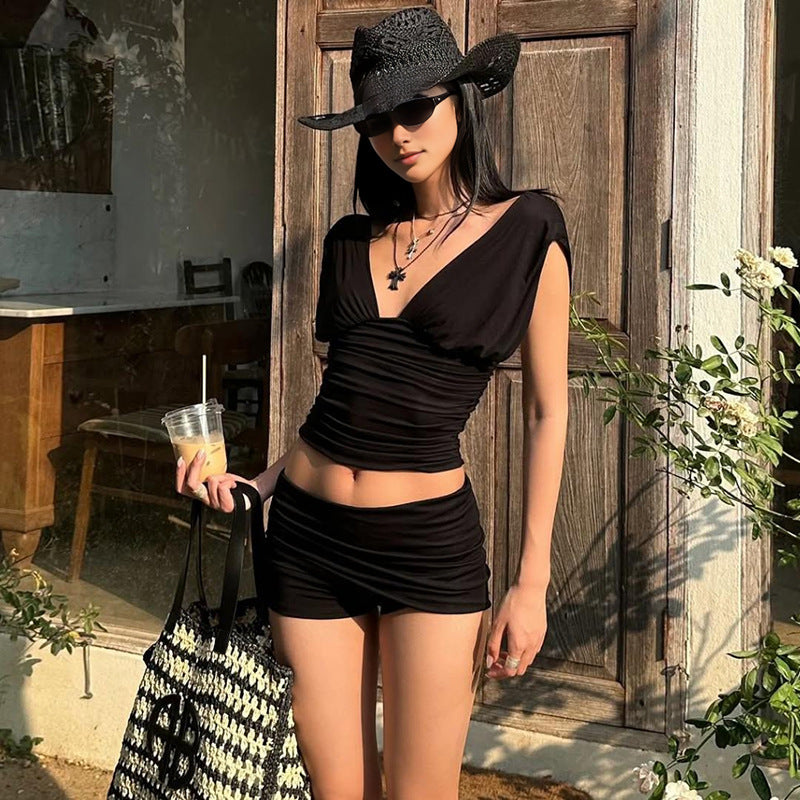 Women Clothing Summer Sexy Deep V Plunge neck Solid Color Vest High Waist Slim Fit Pleated Shorts Two Piece Set