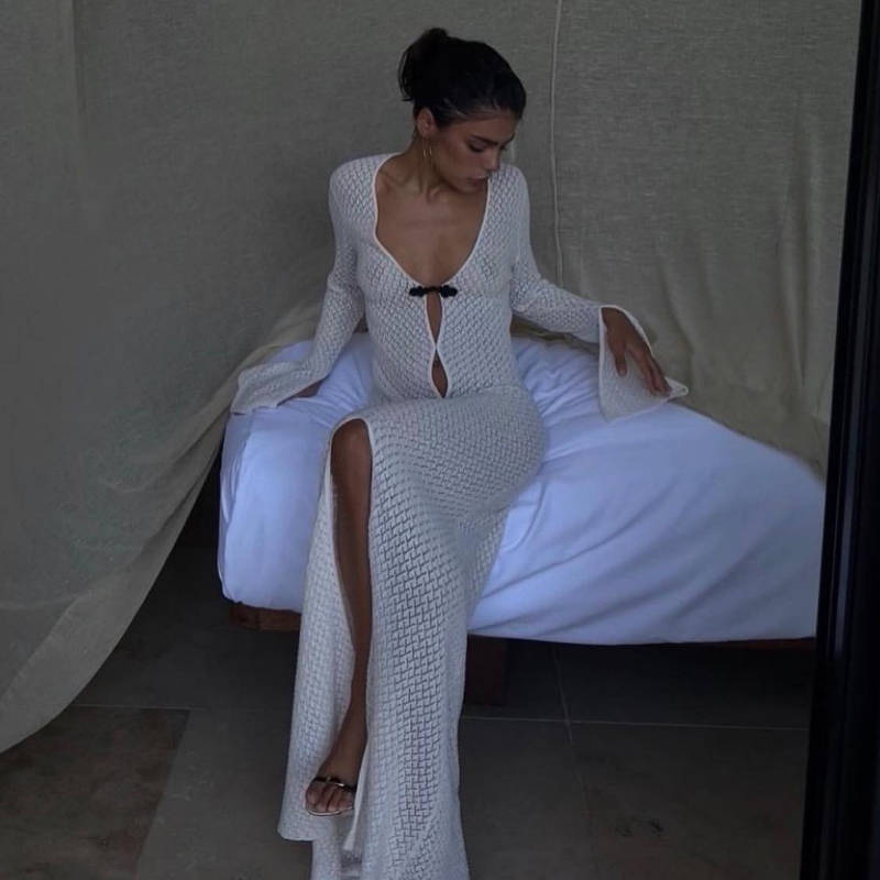 Hollow Out Cutout out Split Dress Beach Cover up V neck Beach Dress Long Mopping Fishtail Evening Dress for Women