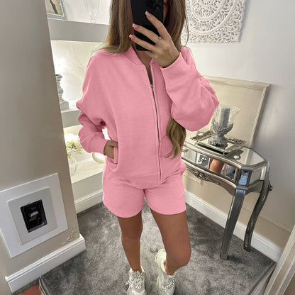 Women Clothing Autumn Winter Sports Long Sleeve Coat Shorts Two Piece Set