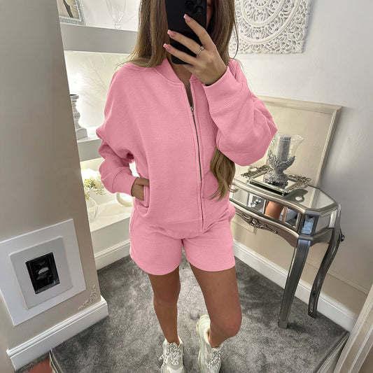 Women Clothing Autumn Winter Sports Long Sleeve Coat Shorts Two Piece Set